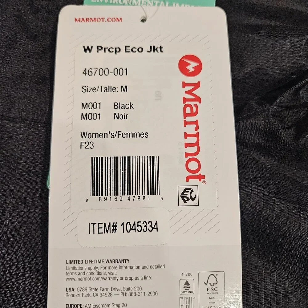 Marmot Women's Precip Eco Jacket rain coat / Black /‎ 46700-001 / Medium/ New